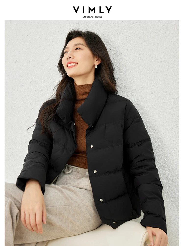 Vimly Women's Lightweight Down Jacket Black Cropped Jackets 2023 Winter New Warm Long Sleeve Coat for Woman Female Clothes 50580