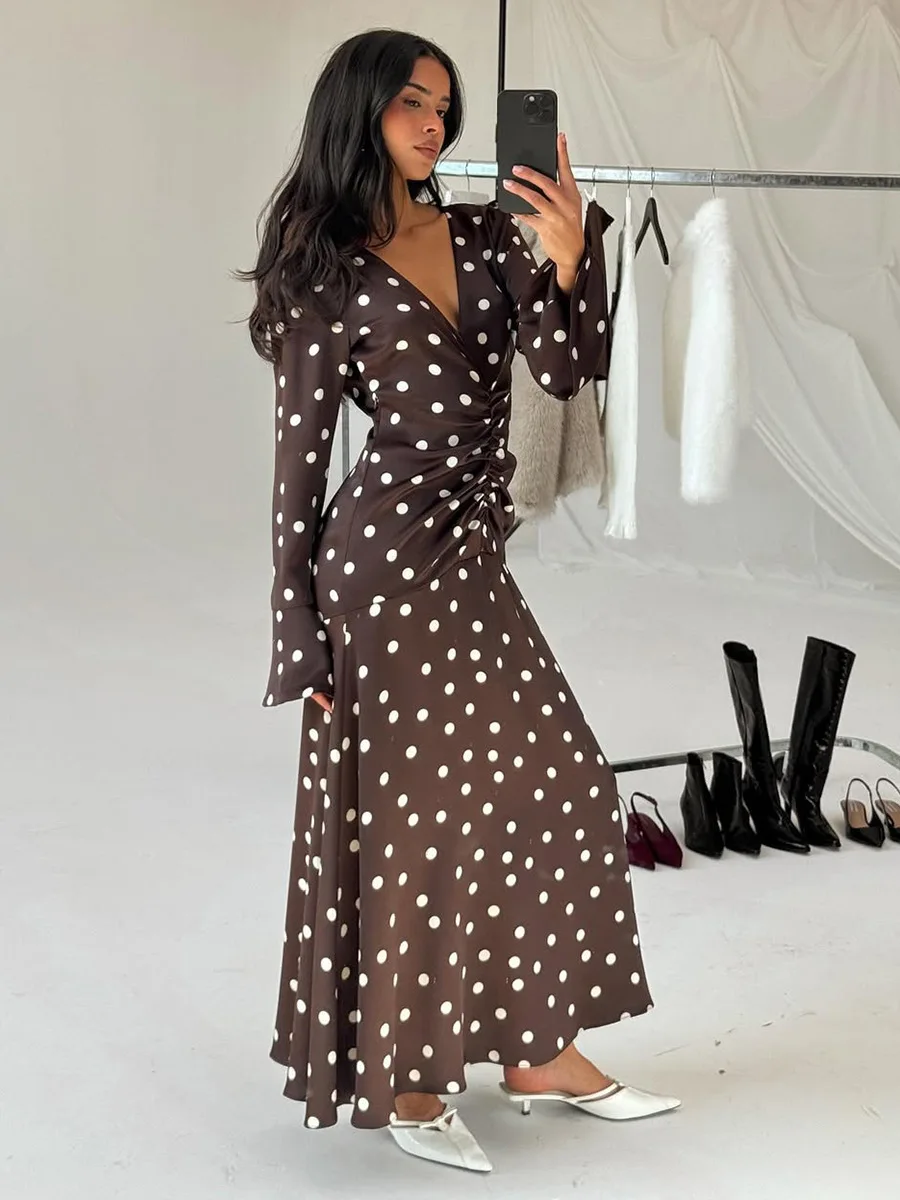 Bornladies Women's Summer New Polka Dot Long Sleeve Dress Slim Fit Ruched V Neck Flared Sleeve Waist Dress