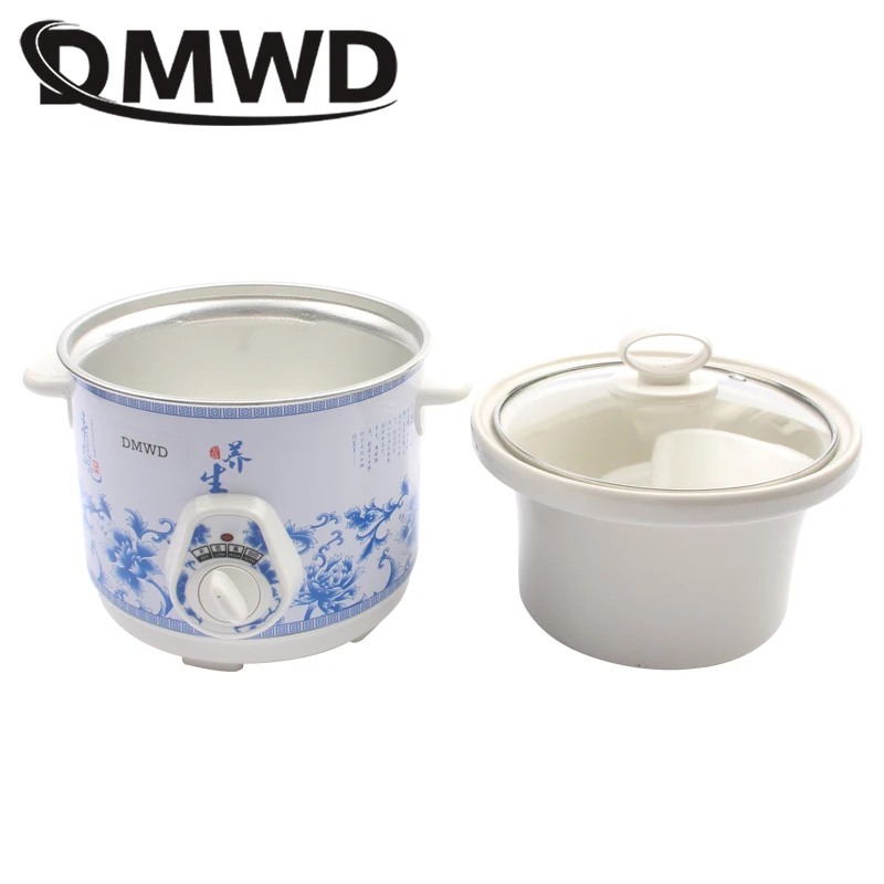 DMWD electric 140w Slow Cookers mini mechanical timer control stew foods Ceramic liner Blue and white porcelain color 1.5L 5