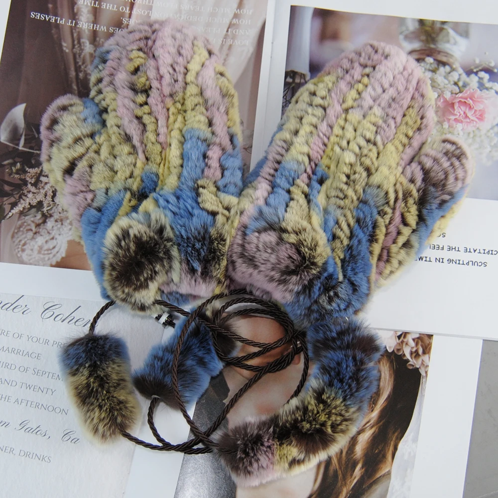 Women's Winter Real Rex Rabbit Fur Wrist Gloves Warm Thick Ladies Fur Mittens Elastic Girls Snow Ski Glove Mitts Elastic Soft