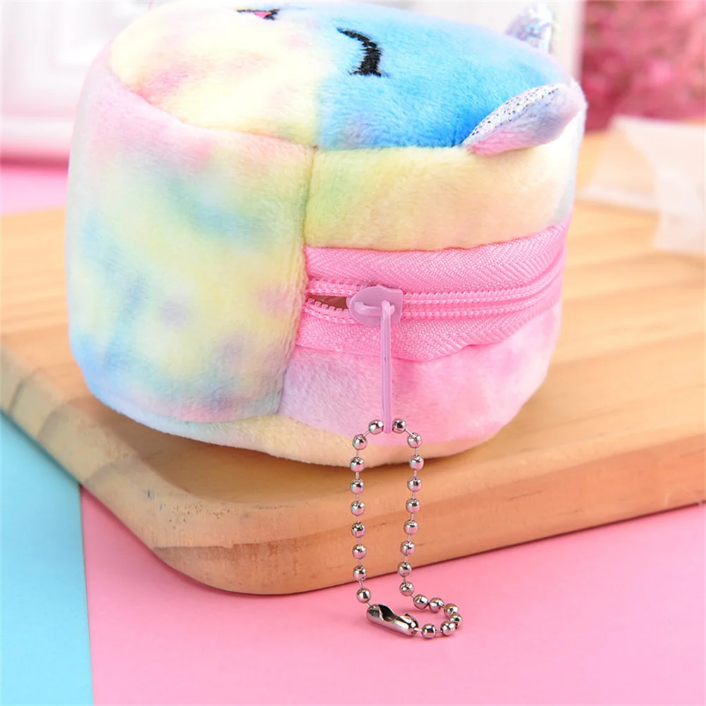 Cute Cartoon Plush Unicorn Coin Purse Cat Fur Circle Wallet Girl Clutch Embroidered Bag Key Earphone Organizer Bags Kids Gift