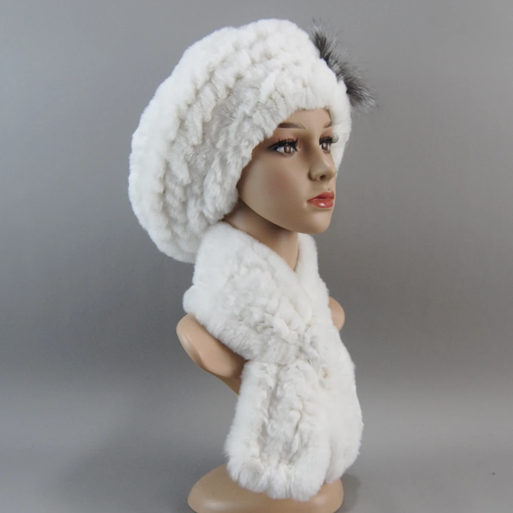Fashion Girl Fur Cap Lady Winter Warm Real Rex Rabbit Fur Hat Scarf Suit Women 100% Real Scarf+Hat Set