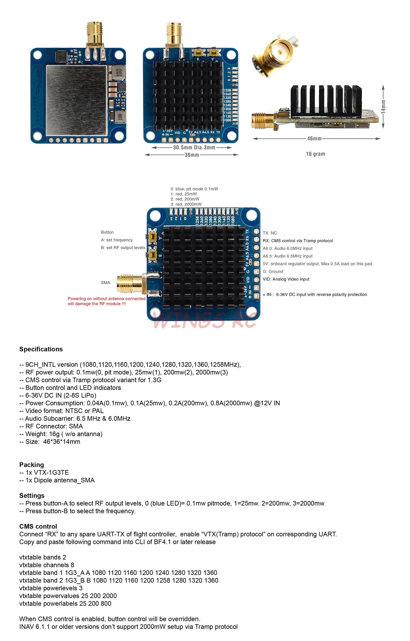 Émetteur vidéo 1.3GHz 2000mW VTX-1G3TE pour FPV drone - 9CH, 16g