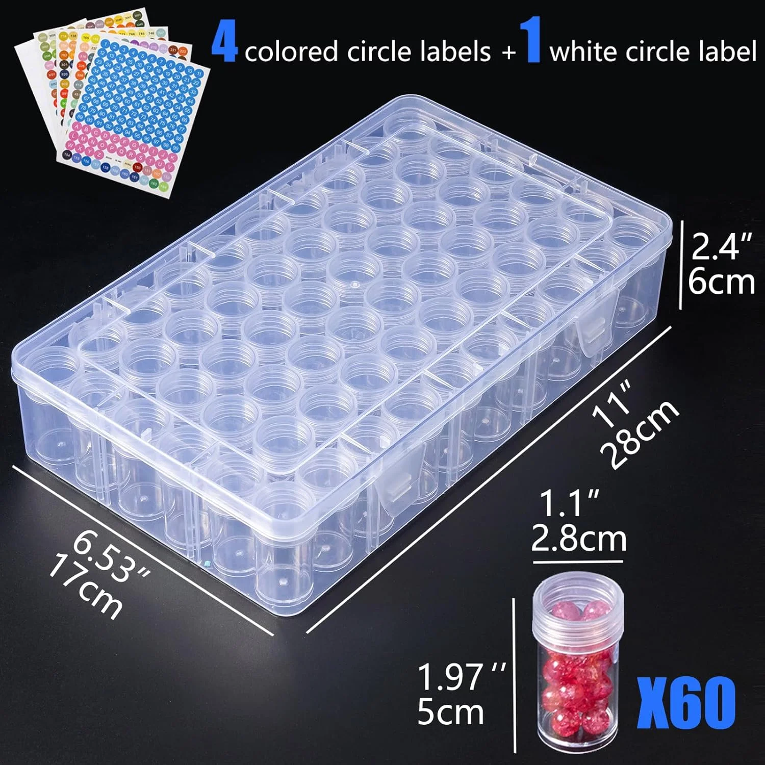 다이아몬드 아트 보관함 60개, 구슬 보관함, 경첩이 달린 뚜껑이 있는 플라스틱 상자