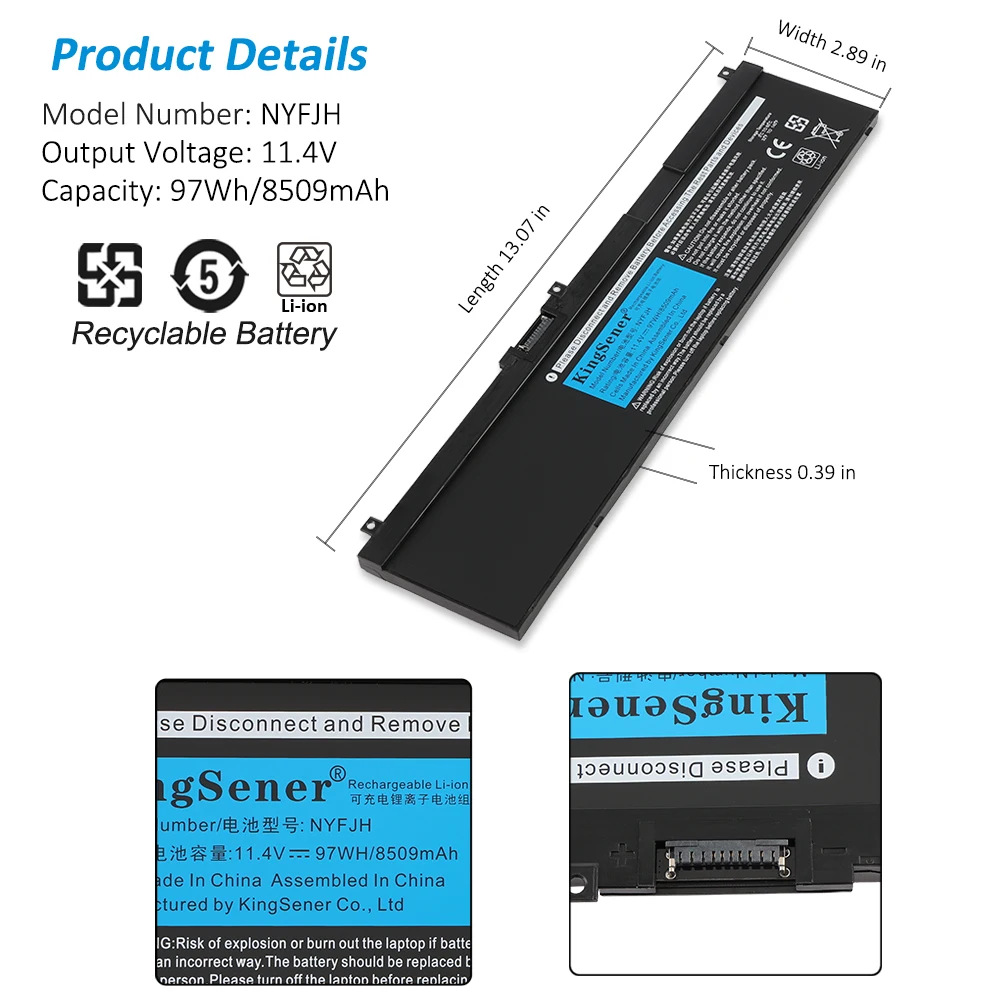 KingSener 97Wh NYFJH ノートパソコンのバッテリー Dell