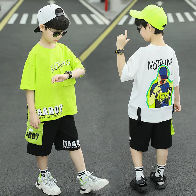 

Summer Boys Cotton Loose Alphabet Printing t-Shirt Tops+Short Pants Overfit Set School Kids Tracksuit Child Outfit Suits 3-14Yrs