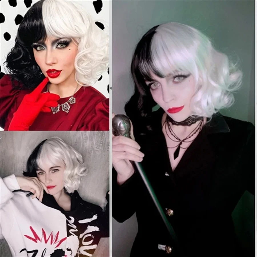 Cruella deville de vil preto branco com franja curto bob resistente ao calor peruca de cabelo cosplay halloween traje festa peruca + peruca boné