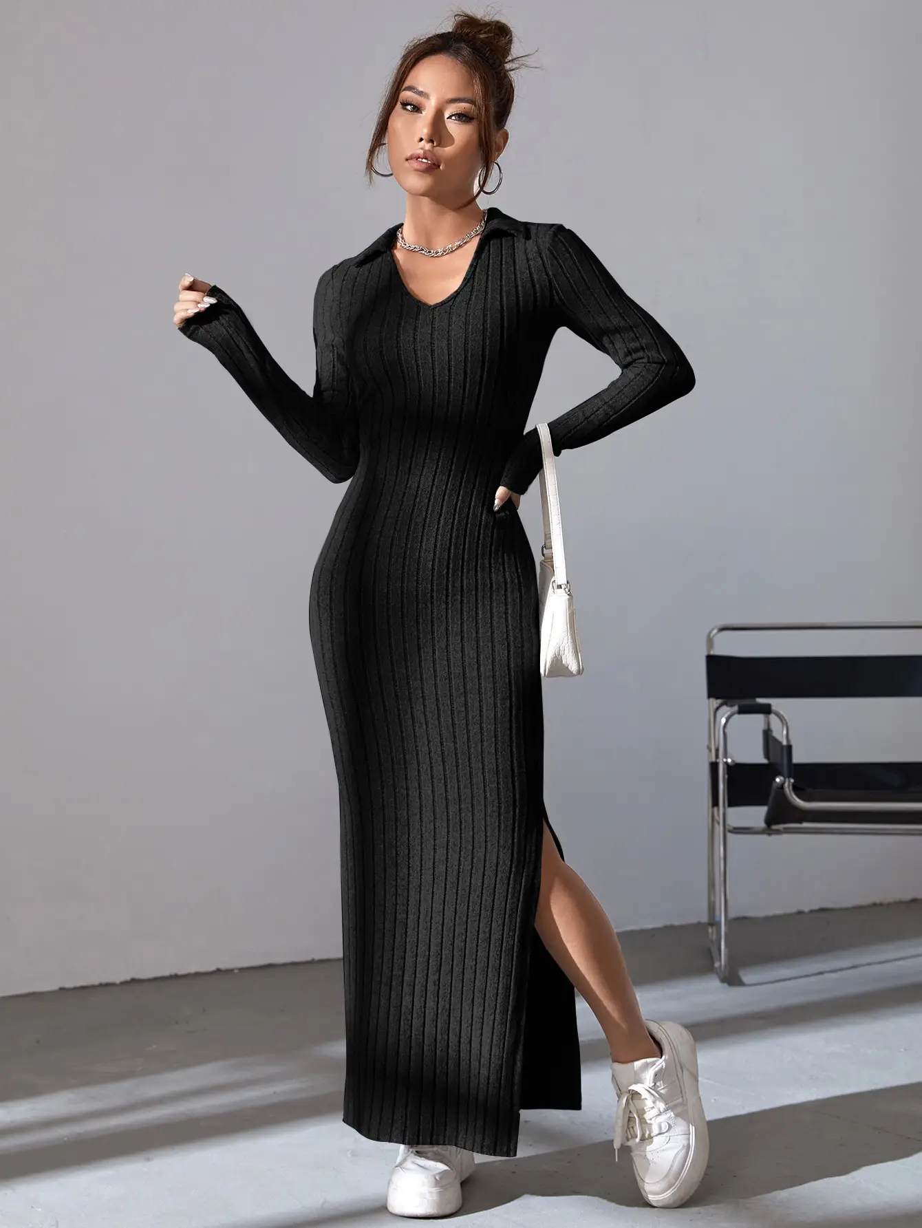 Black Temperament Pit Strip Slimming Dress Autumn/Winter Casual Waist Wrap With Hip V-neck Knit Dress 4
