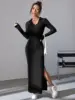 Black Temperament Pit Strip Slimming Dress Autumn/Winter Casual Waist Wrap With Hip V-neck Knit Dress 4