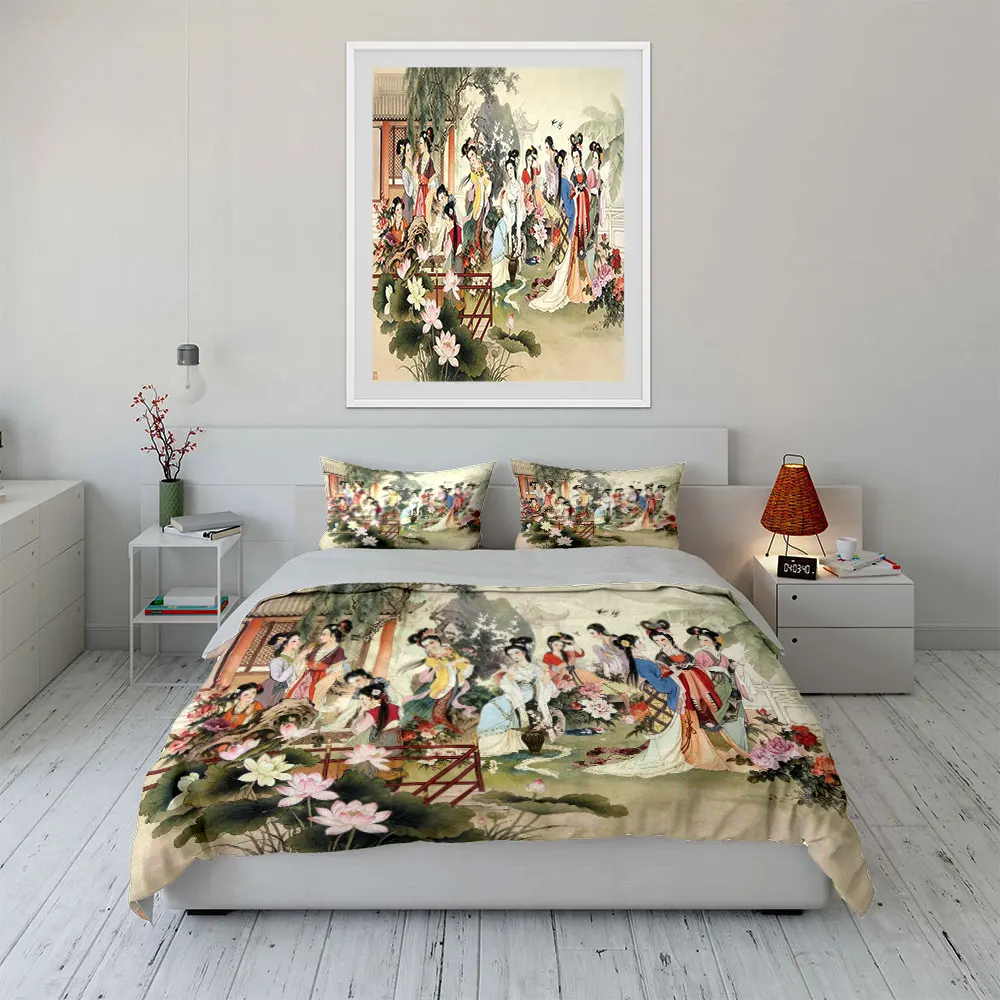 Chinese Ancient Painting Bedding Set,3pcs Elegant Traditional Lady Art Duvet Cover Set,Soft Home Decor Bedding for Bedroom,gift 6