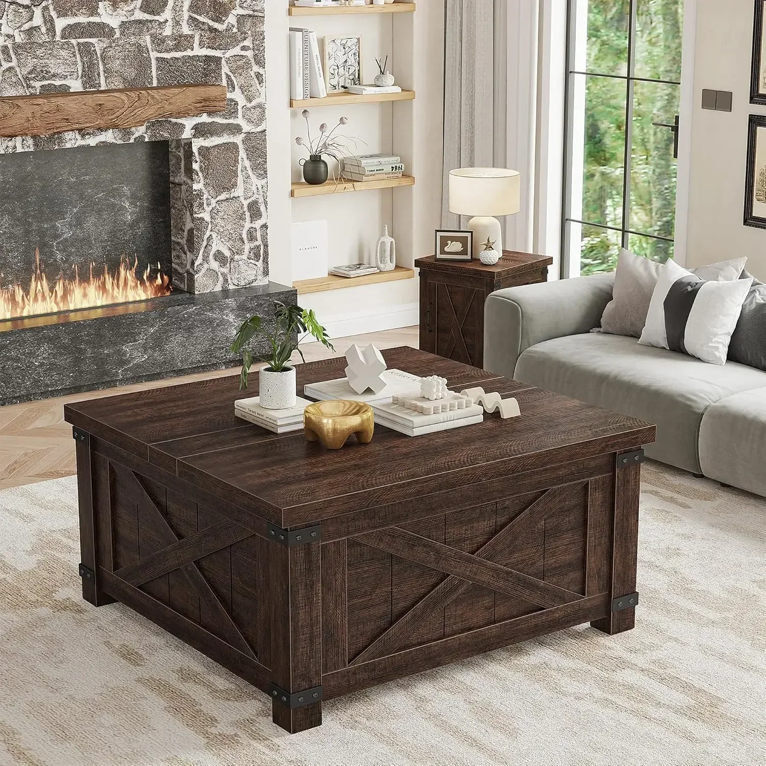 Farmhouse Coffee Table with Storage,Wood Center Table with Flip-Top Lids, Coffee Tables with Hinged Lift Top, Brown 6