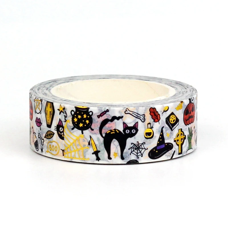 

NEW 1X 10M Deco Cute Black Cat Spider Skull Halloween Foil Washi Tape for Planner Scrapbooking Masking Tape Journal Papeleria