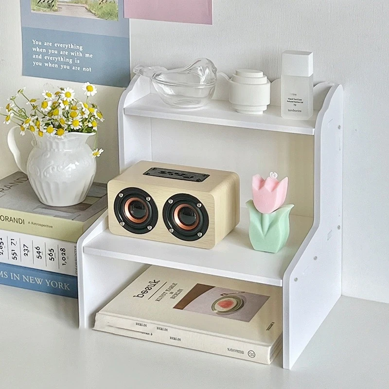 1Pc Double-Layer Desktop Organization Rack, Wood Fiber Board Painted Rectangular Storage Rack for Dormitory, Home, School and Office Display 2