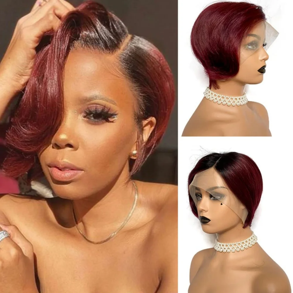 Short Bob Wig Pixie Cut Wig Straight Human Hair Wigs T Part Transparent 13X4X1 Lace For Women Straight Pixie Cut W