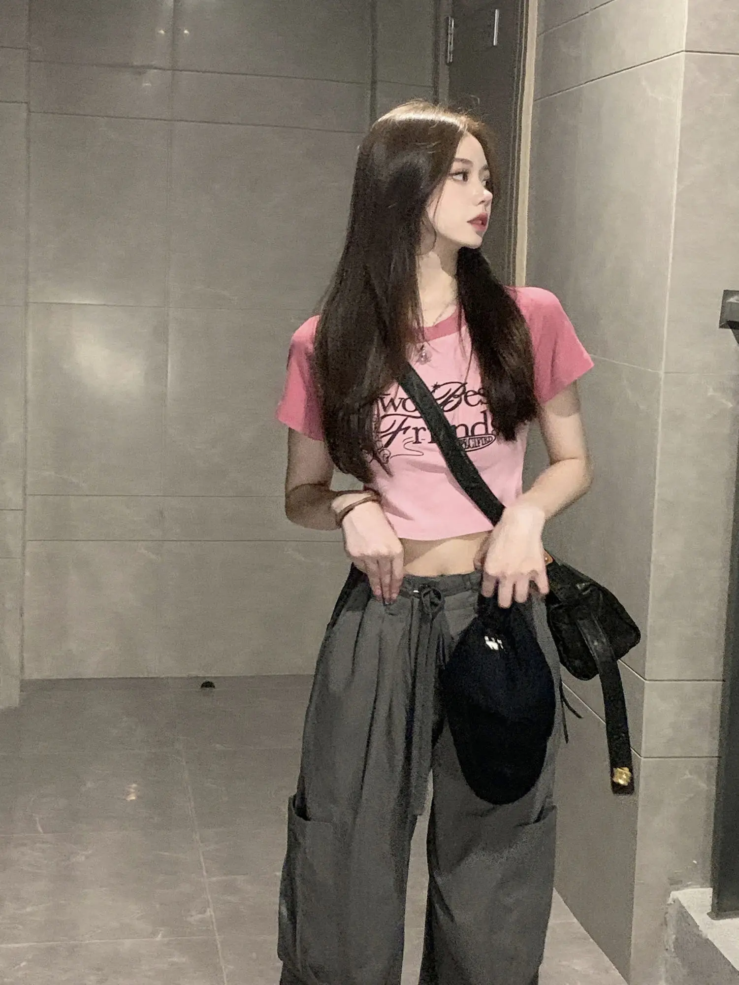 American Short-sleeved T-shirt Women's Spring High Waist Wide Leg Pants Slim Short Top Casual Pants Suit Trousers