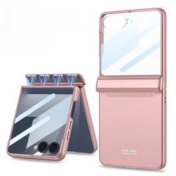 Magnetic Hard Shell Phone Case with Hinge Protection and Tempered Film Protector Cover - Galaxy Z Flip7 (Pink)