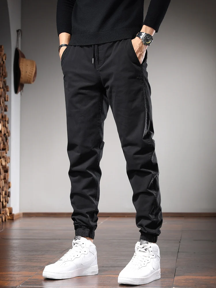 Black Casual Pants Men Cotton Joggers Fashion Korean Style Slim Fit Elastic Waist Drawstring Pencil Pants