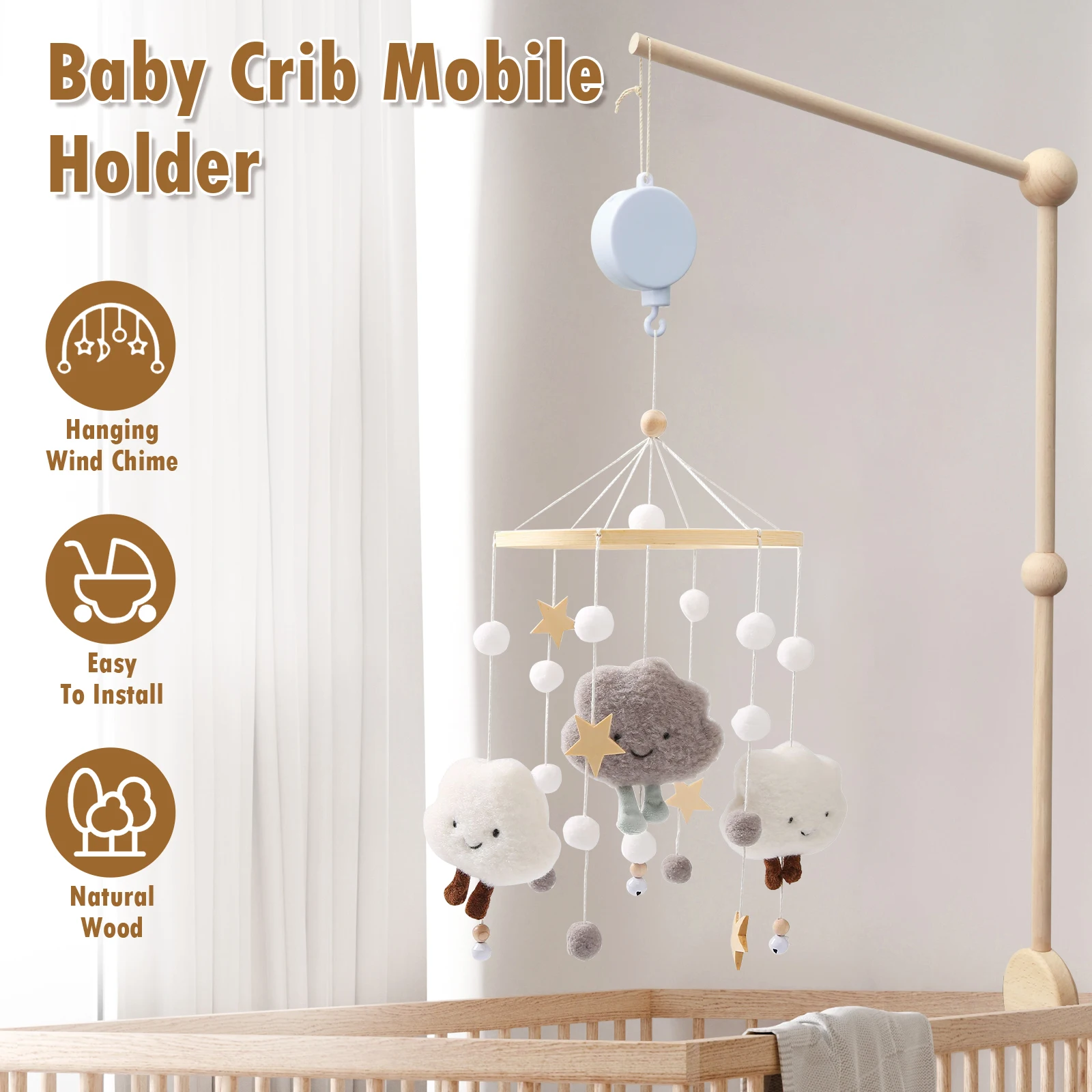 Baby Crib Mobile Arm Wooden Holder 27 inch Beech Hangers with Rotating Music Box Nursery Decor Attachment Safe Anti Slip Set