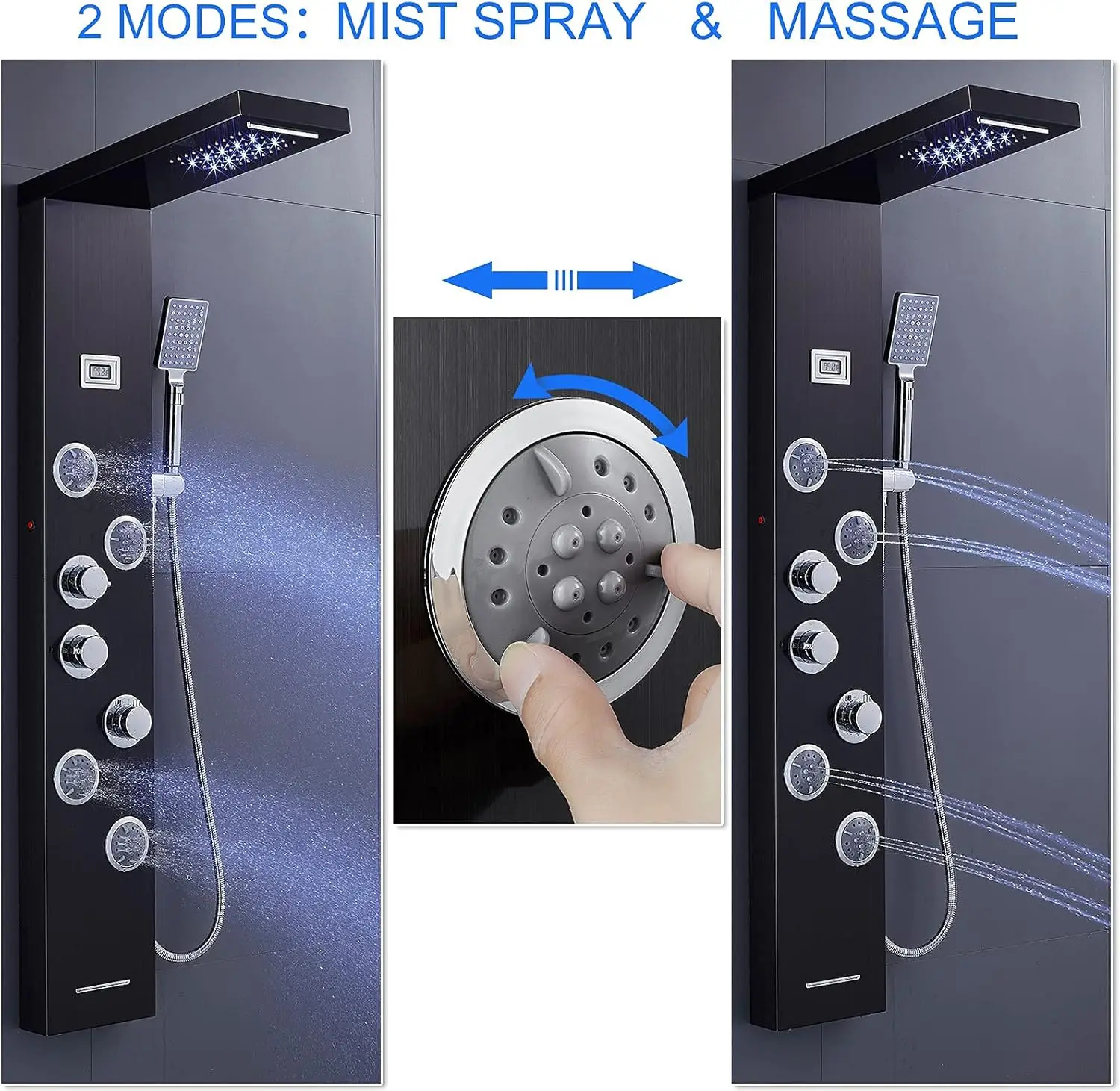 LED Shower Panels Tower System 304 Stainless Steel Bathroom Shower Panel System with 4 Body Jets Rainfall Waterfall Black