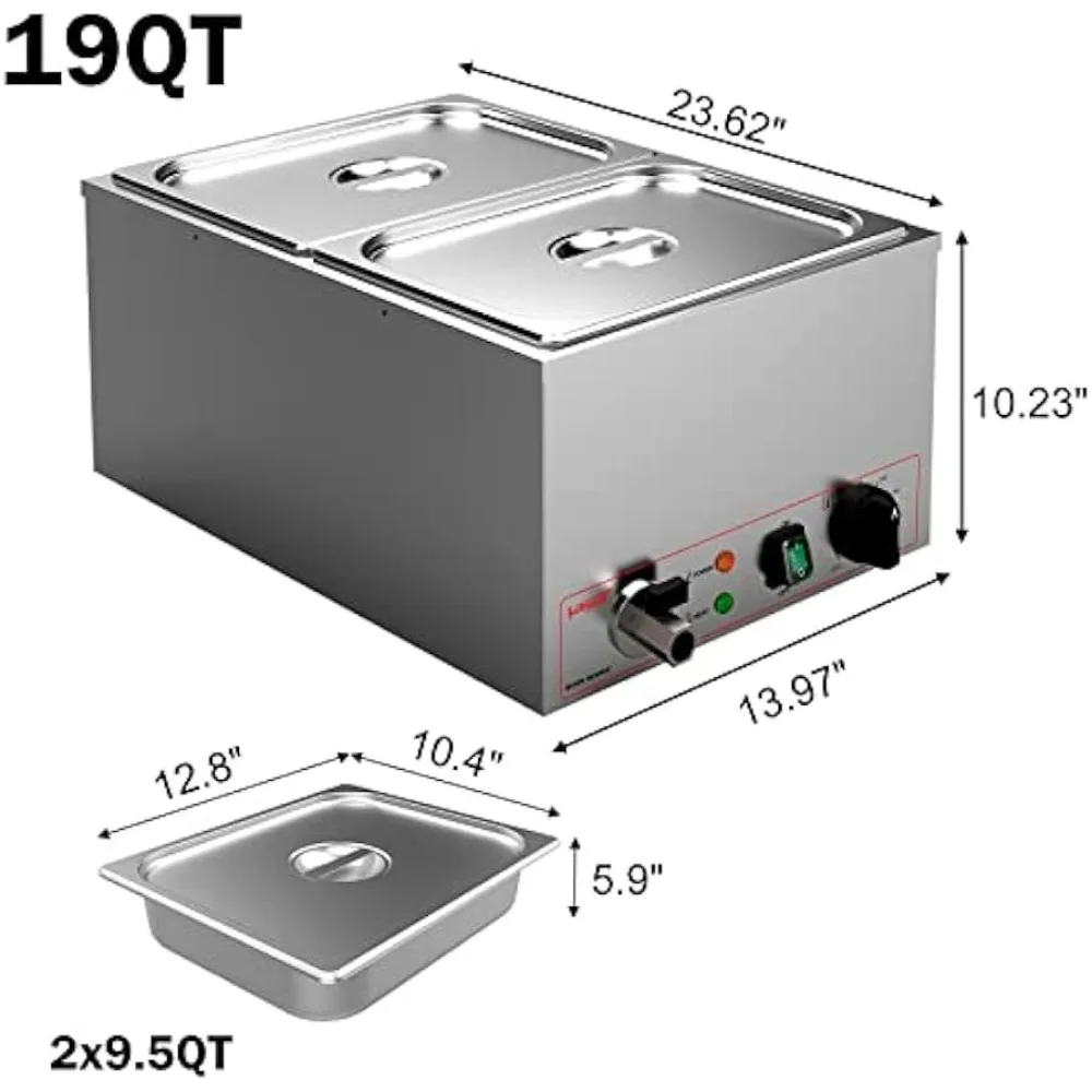Commercial Grade Stainless Steel 2 Sections 19 Qt Bain Marie Buffet Food Warmer Steam Table with Lid and Tap