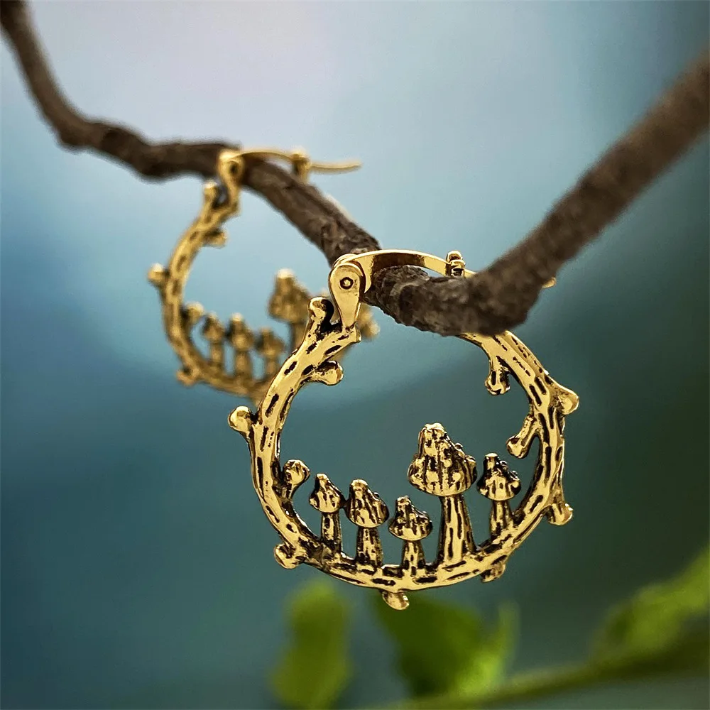 Vintage Bohemian Tree Branch Mushroom Hoop Earrings for Women