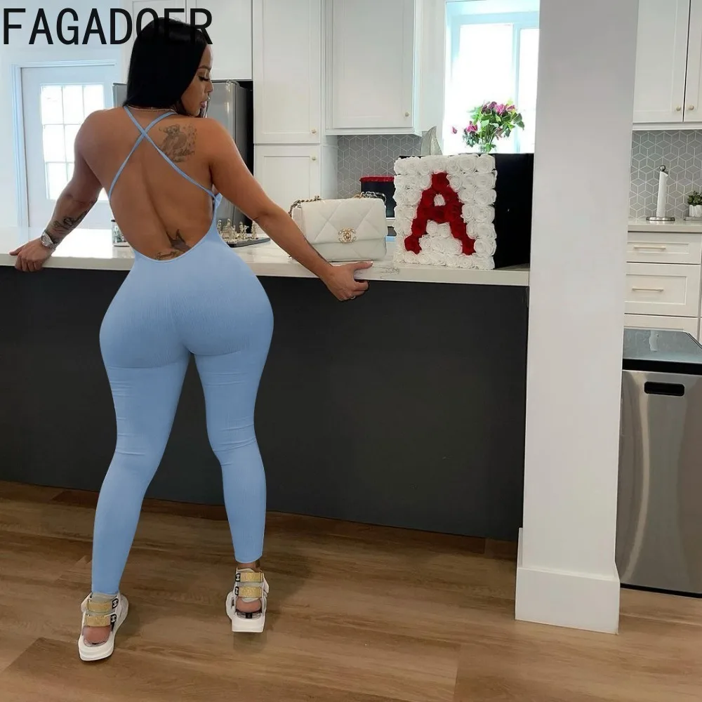 FAGADOER Casual Solid Color Ribber Backless Bodycon Jumpsuits Women Deep V Thin Strap Sleeveless Slim Playsuits Female Overalls