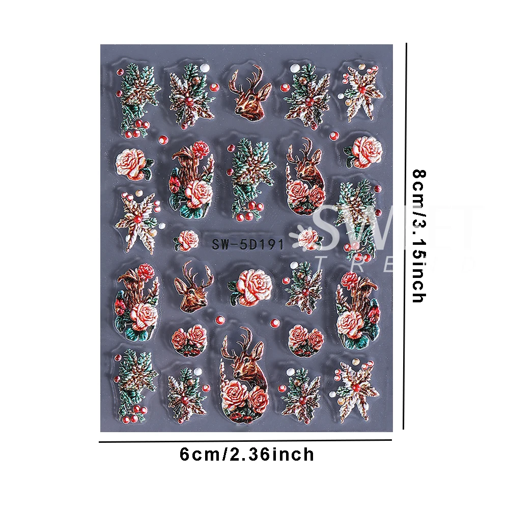 2pcs/set Christmas Nail Art Stickers 5D Embossed Self-Adhesive Elk Deer Flower Nail Decal for DIY Christmas Manicure Decoration