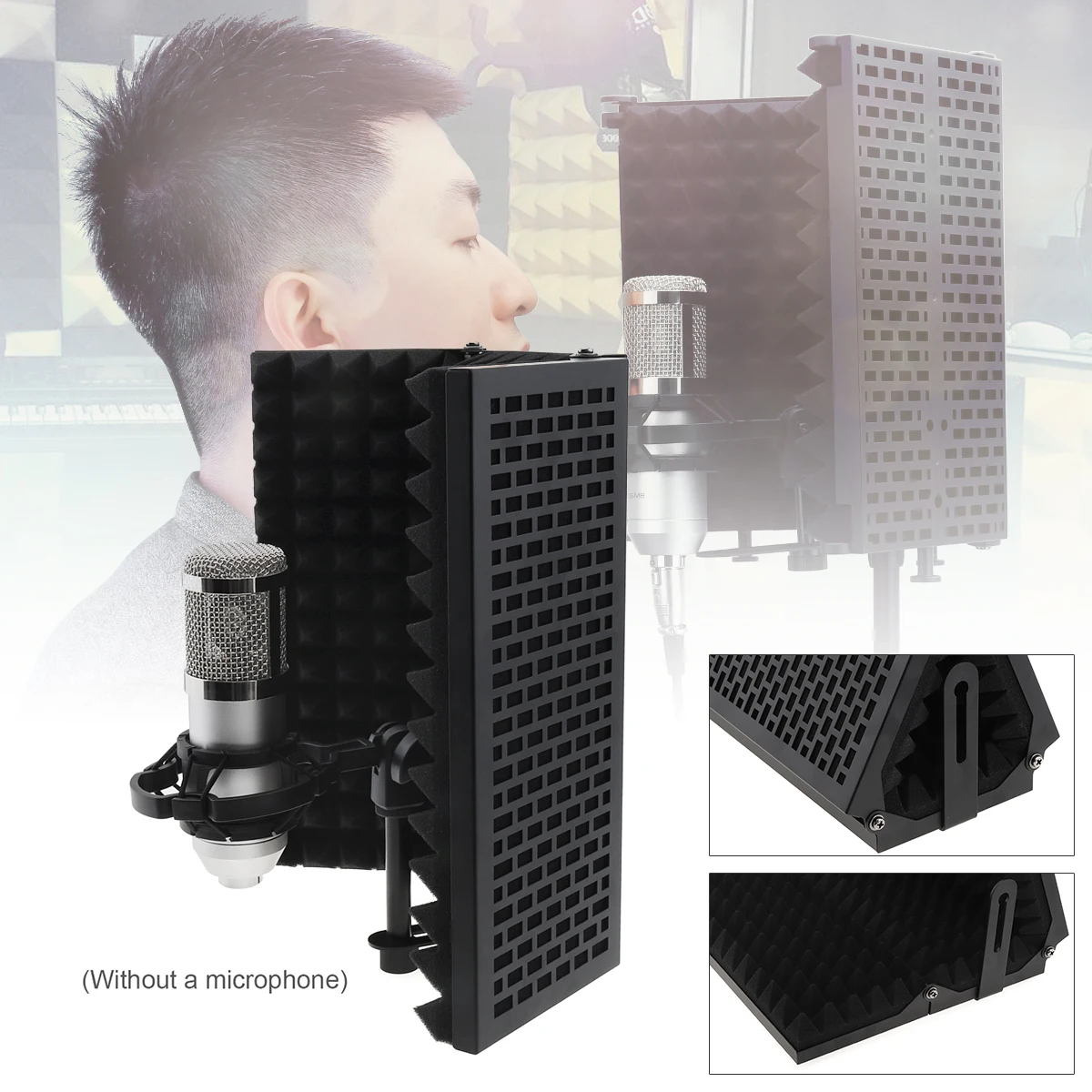 

Metal Microphone Isolation Shield 3 Panel Wind Screen Foldable 3/8" and 5/8" Absorbing Foam for Recording Studio Live Broadcast