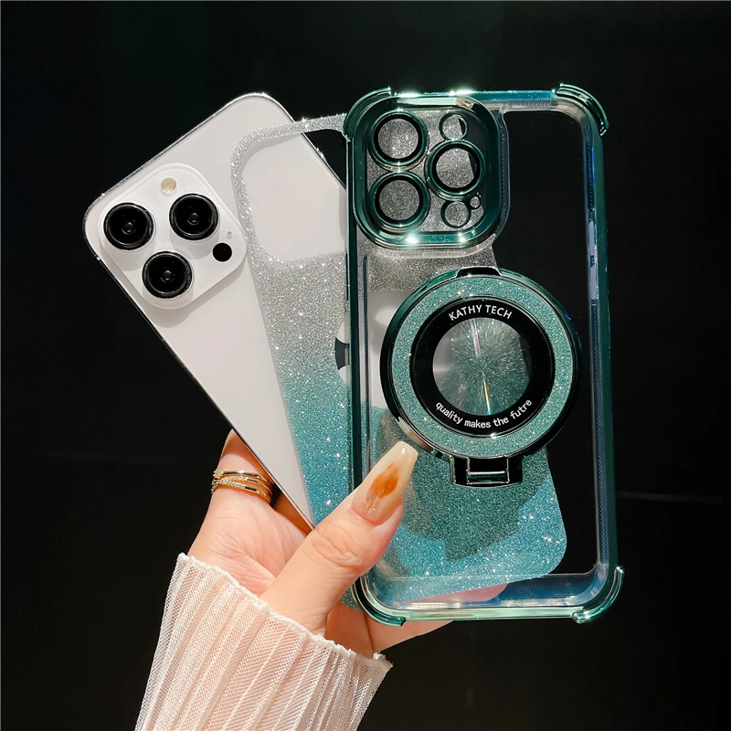 Luxury Magsafe Magnetic Flash Plating Phone Case with Stand and Lens Protection