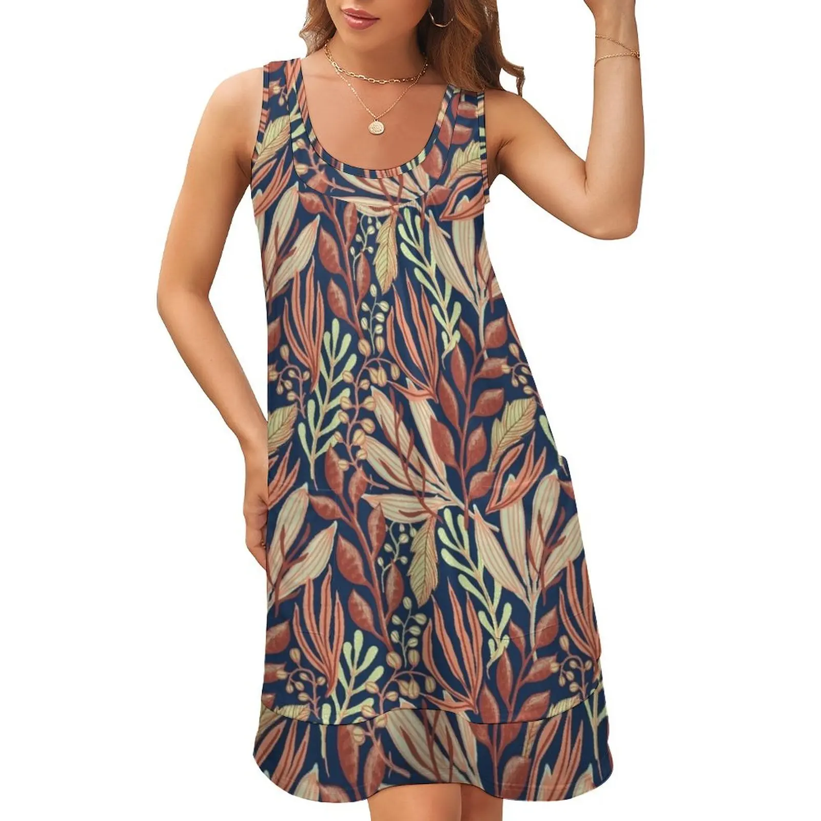 

Leaves Pattern - A Sleeveless U-Neck Fake Two Piece Dress summer women's suit sexy short dresses daring