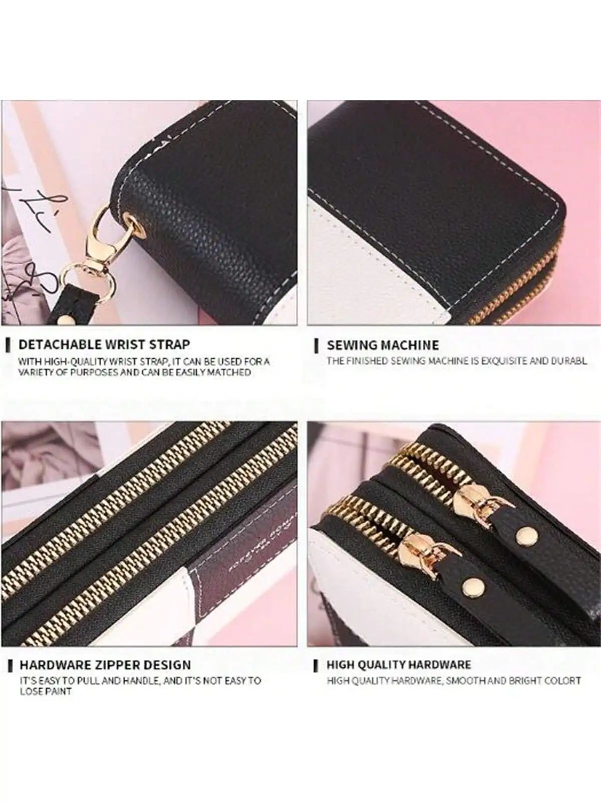 Women's Long Clutch Wallet Three Color Splicing Simple Zipper Phone Bag Money Clip Wallet Leather Wallet