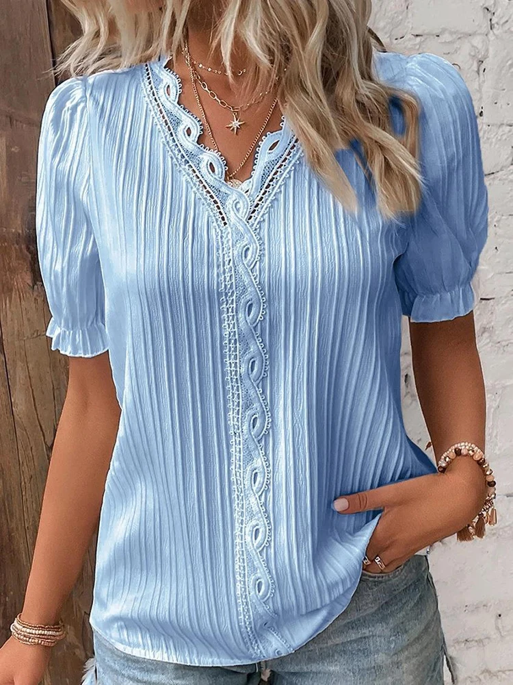 Women's Summer New Top 2024 Solid Sexy V-Neck Hollow Short Sleeve Shirt Fashion Splice Plus Size Blouse Loose Street Apparel