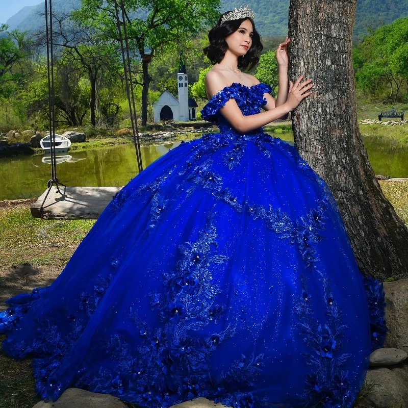 

Royal Blue Quinceanera Dress Ball Gown Off The Shoulder 3D Flowers Applique Beading Tull Crystals Corset Sweet 16 Vestido De 15