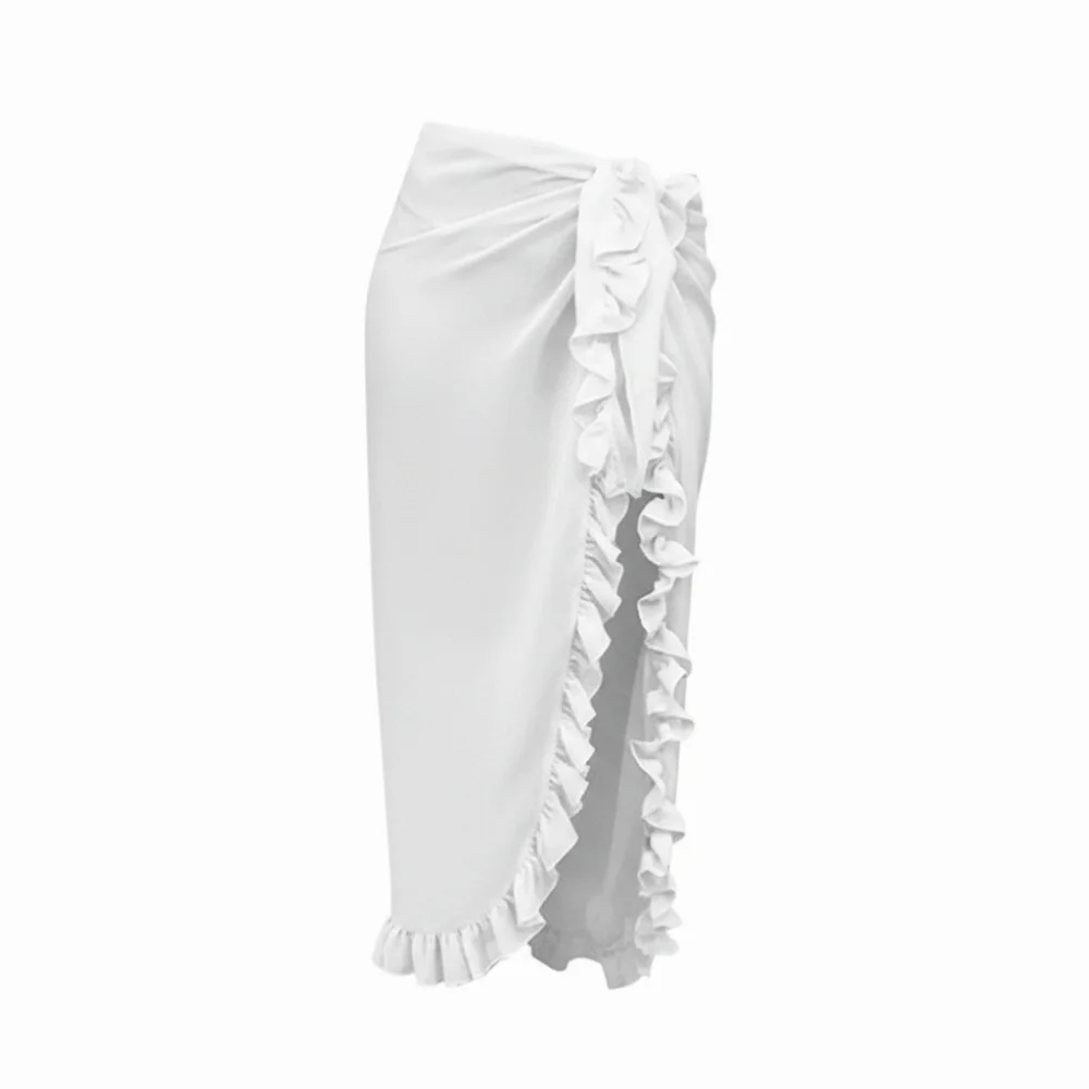 Women Fashion Ruffle Design Sarong Chiffon Material Sheer Fabric Beach Dress Long Length Solid Color Pareo Dress Sun Protection 5
