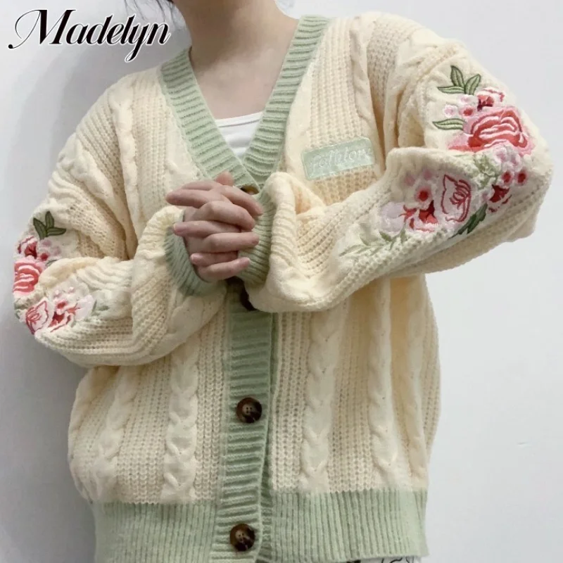 

Women's Flower Cardigan with Embroidered Knitted Sweaters Autumn Winter Loose Fit Lantern Sleeve Y2k Cardigans Lady Holiday Gift