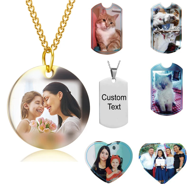 Stainless Steel Customized Name Photo Heart Round Tag Necklace for Women Men Wide Chain Lettering Nameplate Family Jewelry Gifts