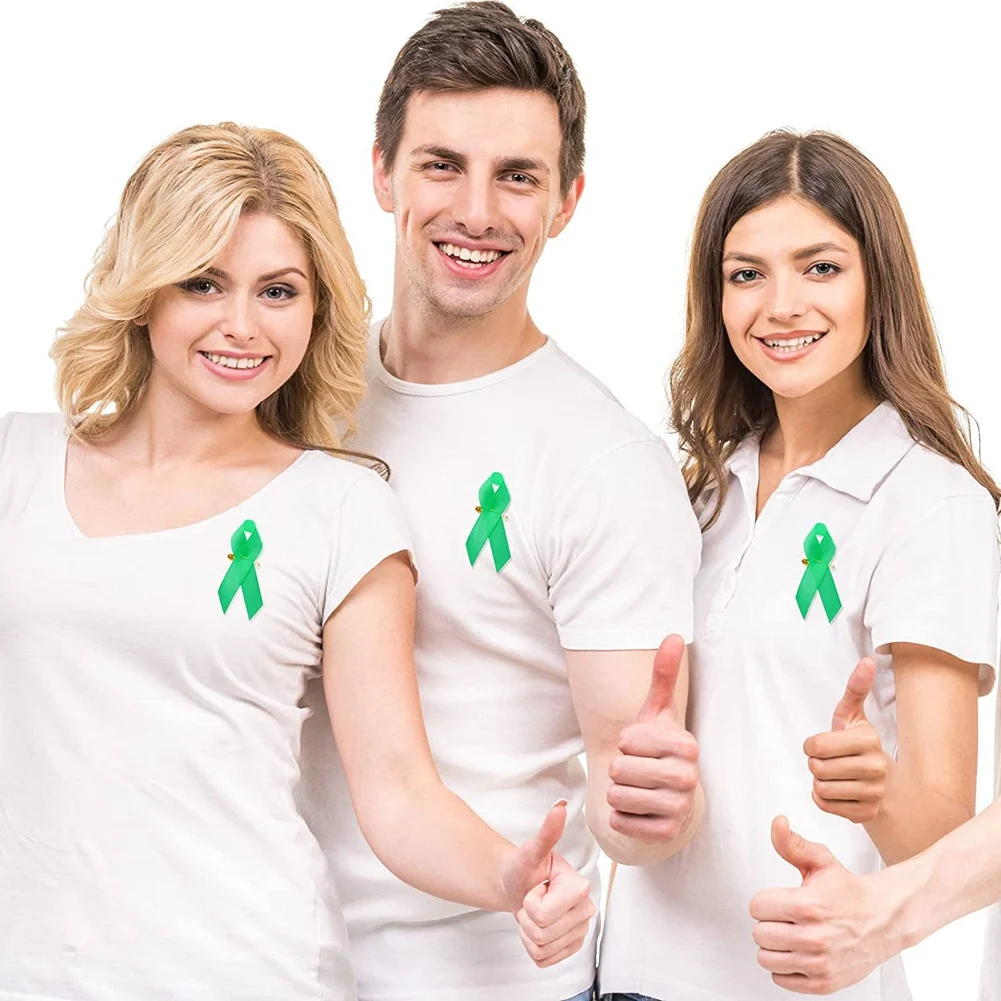 100 Pieces Awareness Ribbon Satin Ribbon Lapel Pins Fabric Ribbons with Safety Pins for Women Men (Green)