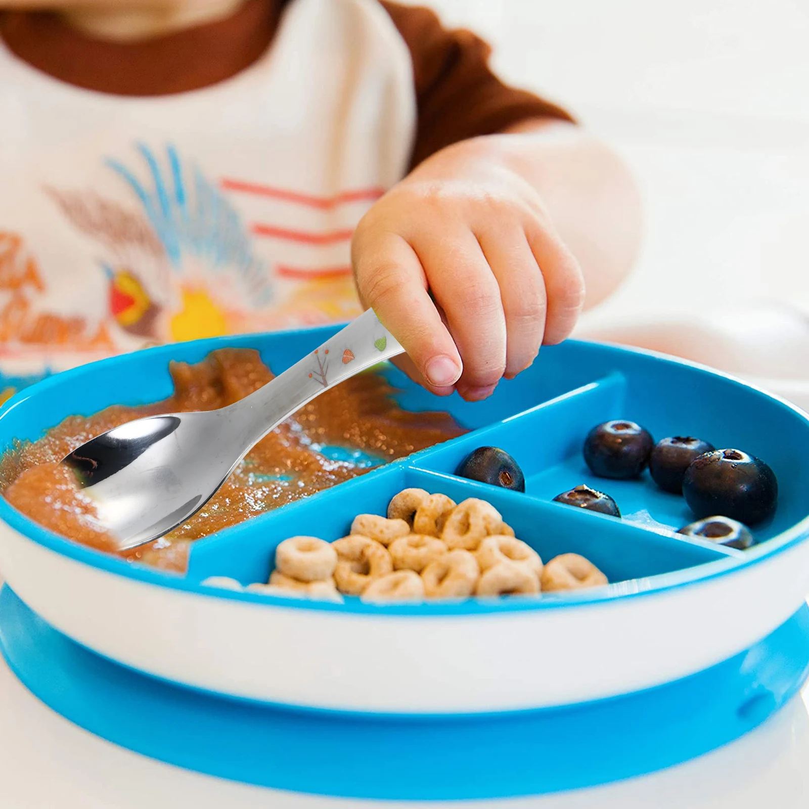 Cutlery Set Stainless Steel Cutlery Set Baby Feeding Spoons Stainless Steel Kids Cutlery Cartoon Pattern Carving Child Tableware Cute Spoon Fork Set Baby Flatware Feeding Safe Eco Friendly