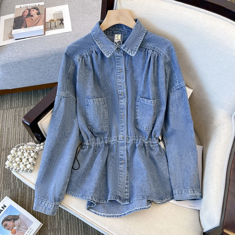 

Новая Осенняя женская джинсовая рубашка с отворотом и длинным рукавом, Женская Повседневная Облегающая джинсовая блузка, Топ s459