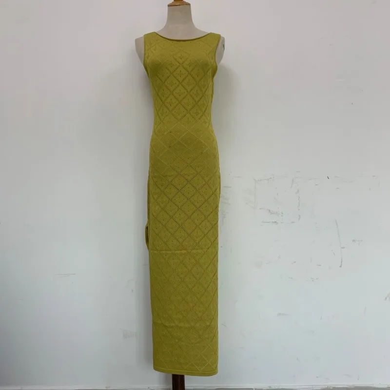 Vestido largo sexy sin mangas con aberturas para mujer, vestido de malla con abertura alta para playa y vacaciones, vestido de punto de retazos para otoño