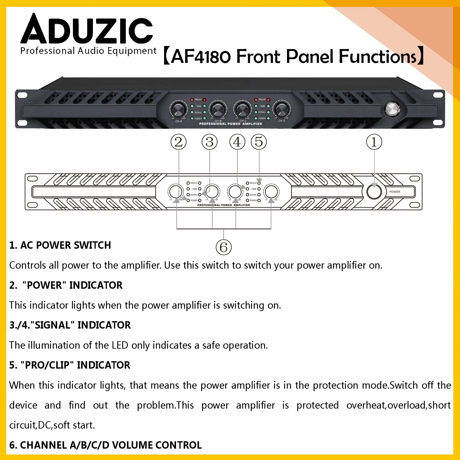 Aduzic AF4180 고출력 4채널 오디오 앰프 4x1800W 클래스 D 90V-260V 오디오 앰프 5300W 브리지 스테이지 라인 어레이 스피커용