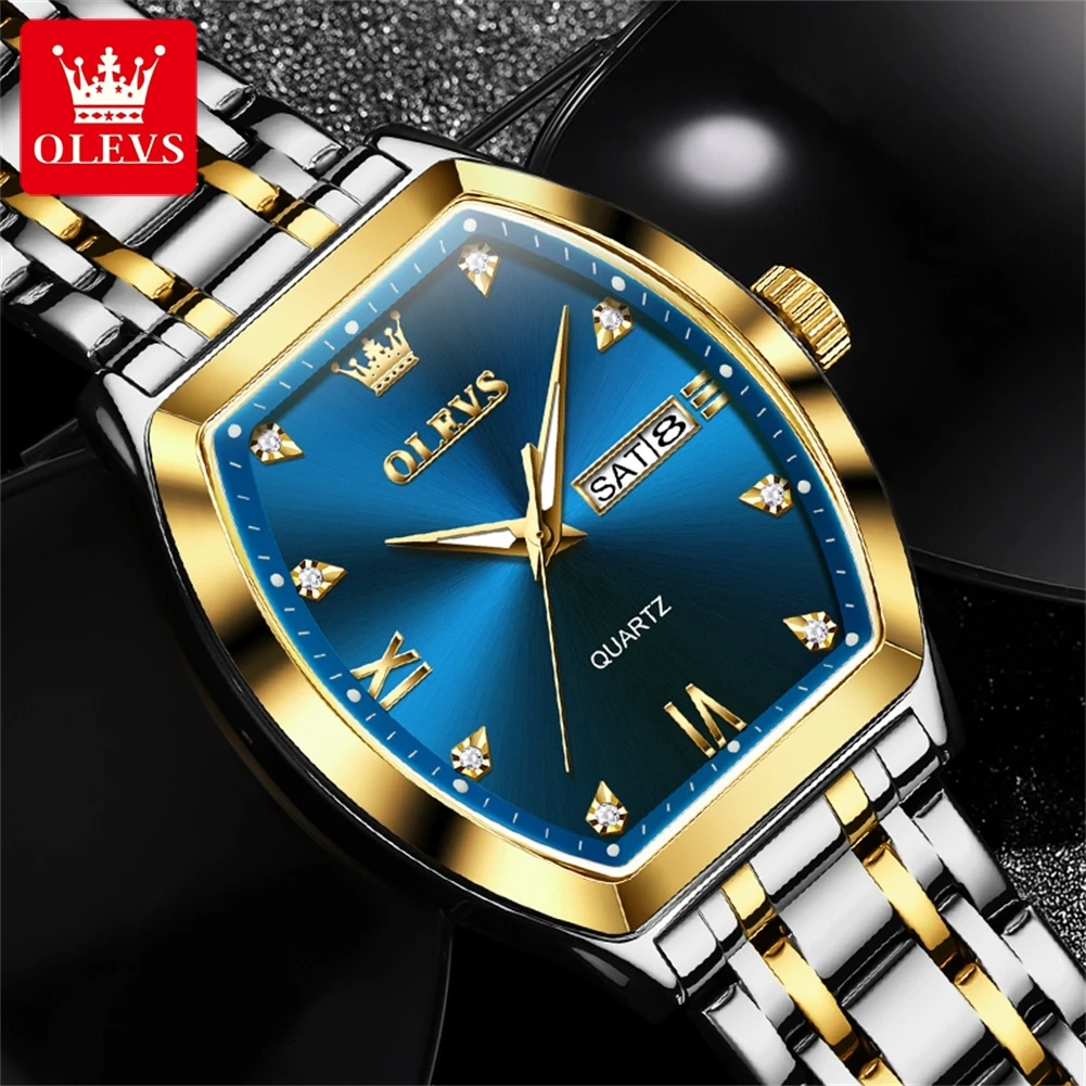 OLEVS Brand New Fashion Tonneau Dial Quartz Watch Men Stainless Steel Waterproof Week Date Mens Watches Top  Luxury Wristwatches