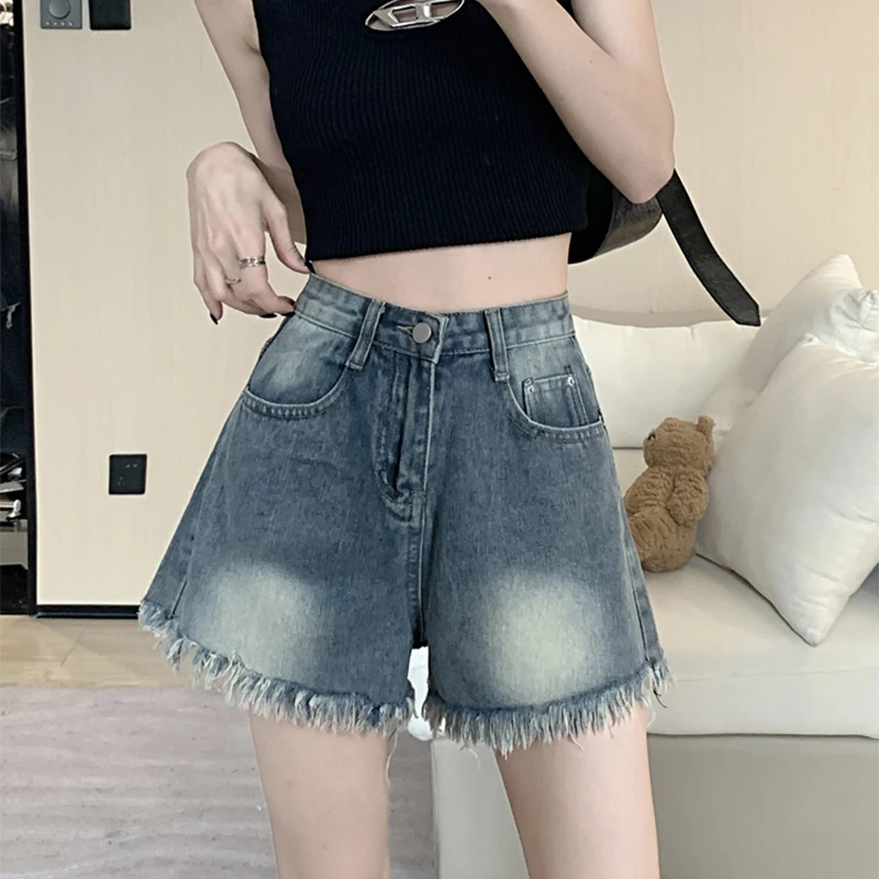 

2024 Fashion Women's Summer New High Waist Denim Shorts Female Casual Wide-leg Short Pants Ladies Pockets Jeans Shorts L18