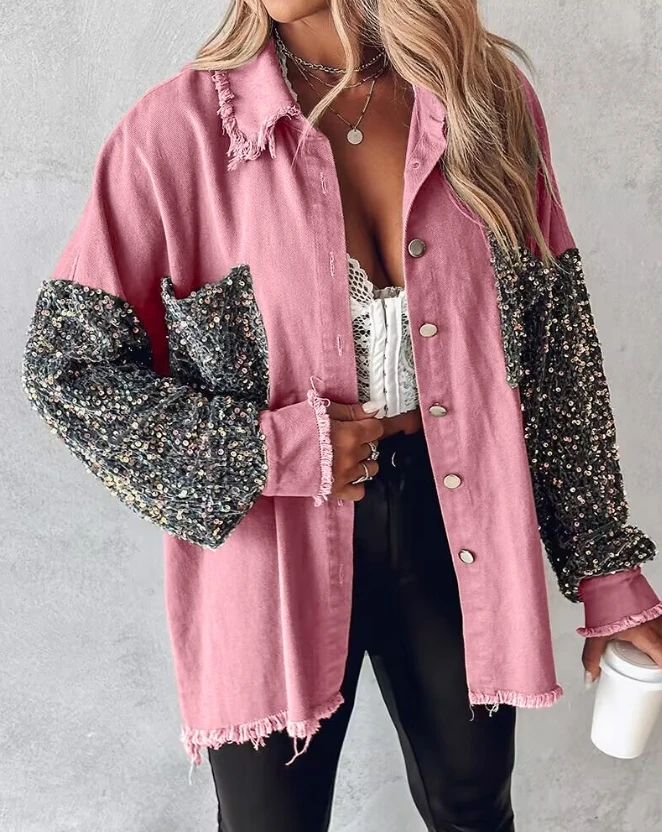 Woman Contrast Sequin Raw Hem Shacket Casual Clothing New Autumn Colorblock Female Fashion Temperament Long Sleeve Loose Coat