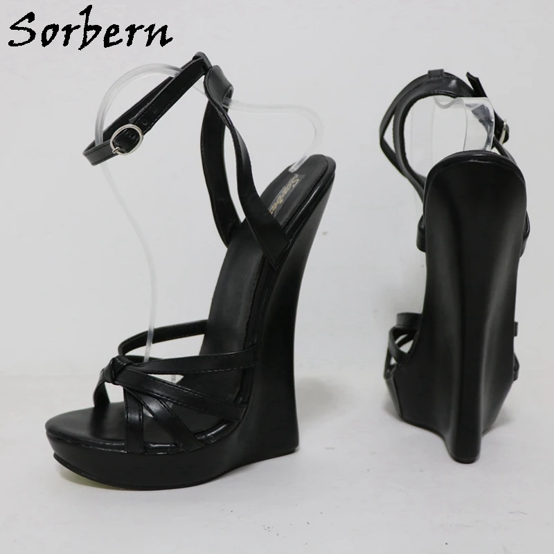 Sorbern Black Matt Slingback Women Sandals Narrow Back Wedge High Heels Thin Straps Unisex Fetish Shoe Sissy Boy Color