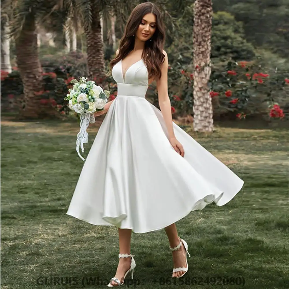 

Plain V-Neck Short Wedding Dress Spaghetti Strap White Bridal Gowns Backless A-Line Tea-Length Civil Vestido De Novia