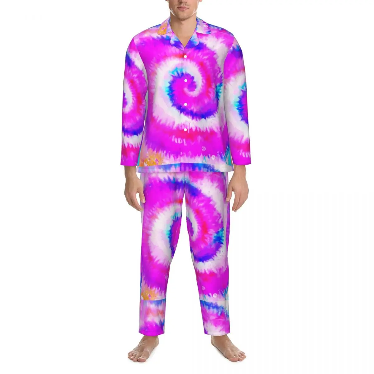 

Ombre Tie Dye Pajamas Male Rainbow Swirl Comfortable Home Sleepwear Autumn 2 Piece Retro Oversize Graphic Pajama Set