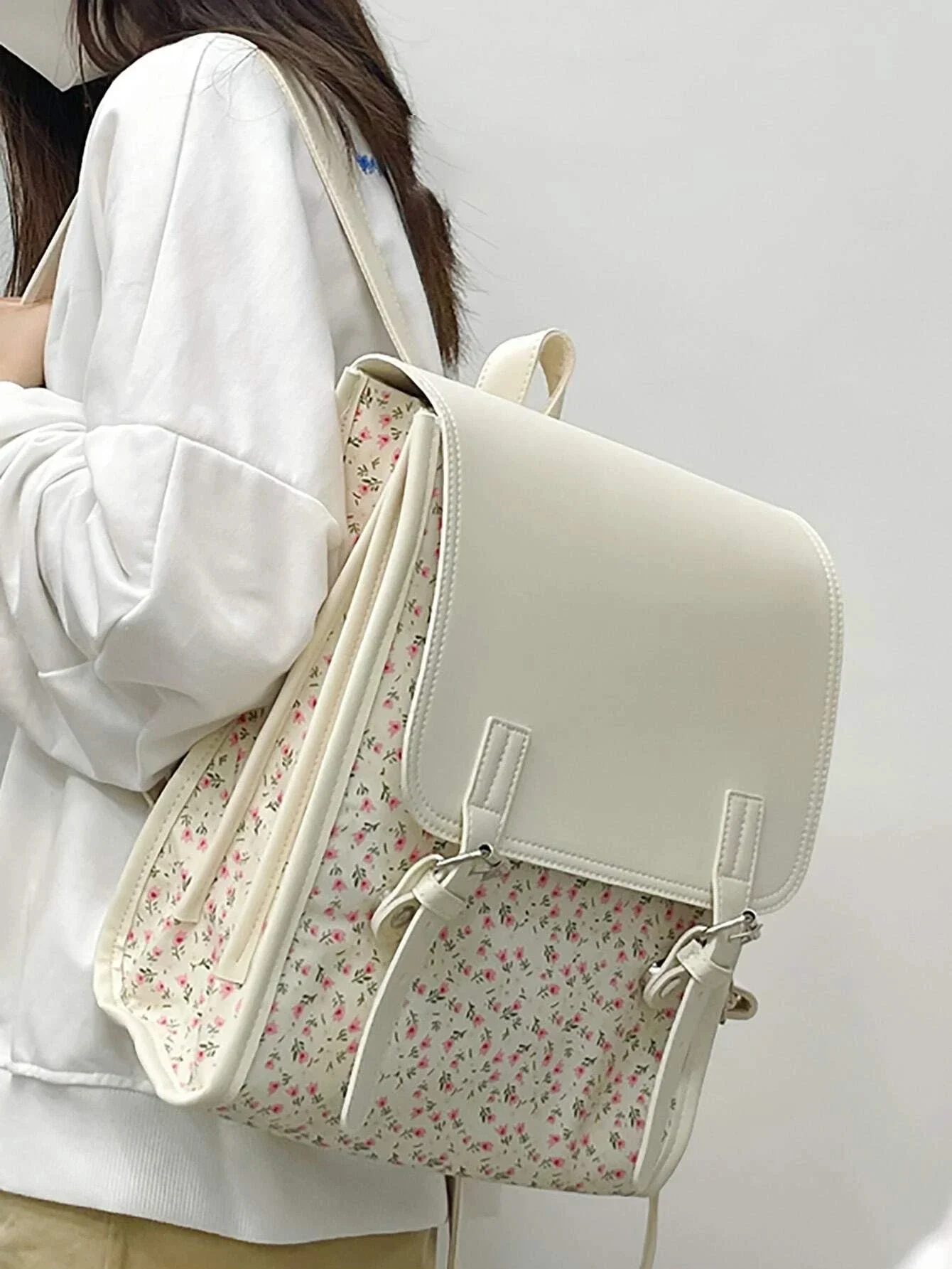 Business Casual Portable Ditsy Floral Buckle Decor Flap Backpack For Teen Girls Women Large Capacity Fashionable Schoolbag 2