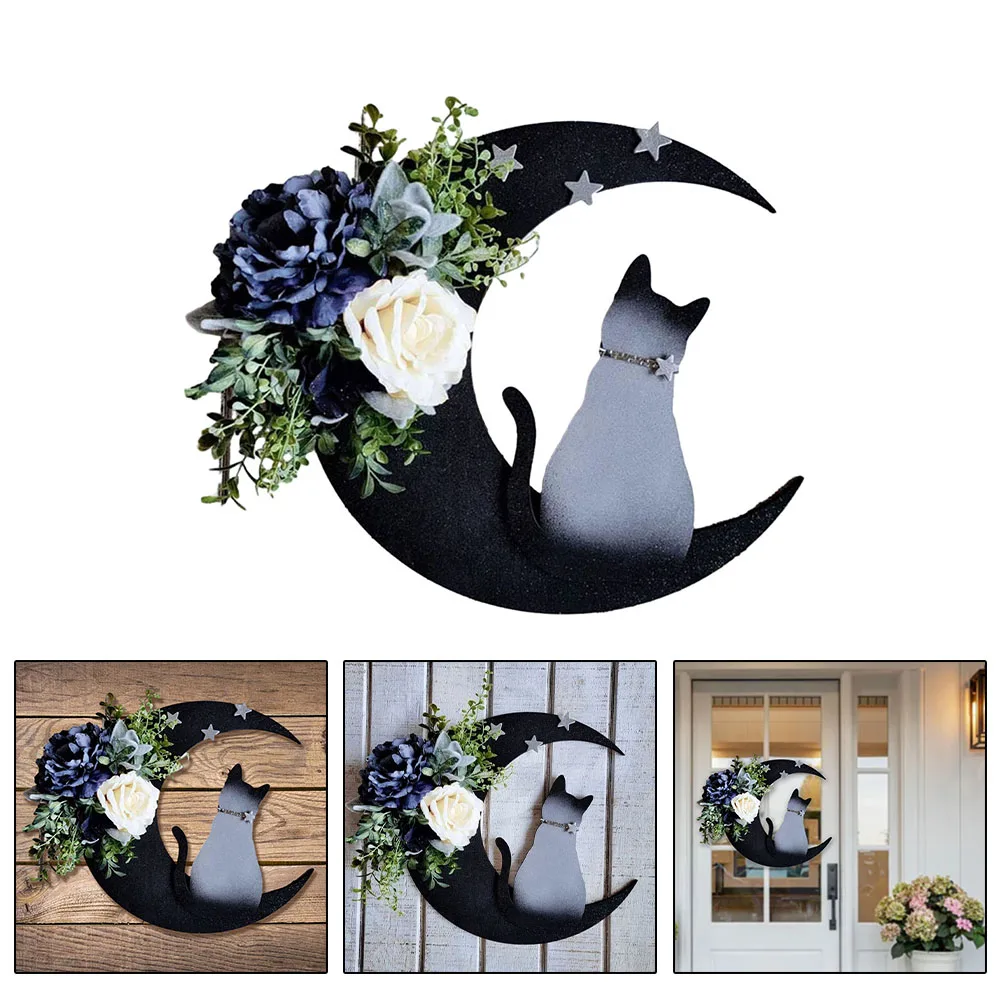 

Door Wreaths Stars Cat Roses Moon Shaped Garland Decoration Front Door Ornament Plants Crescent Moon Home Decoration