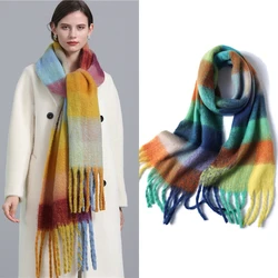 2021 New Women Plaid Scarf Winter Pashmina Shawls Cashmere Thick Wraps Lady Tassel Warm Scarves Rainbow Hairy Bufanda